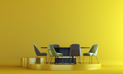 modern luxury decor furniture and dining room on display podium on yellow background. 3D rendering 