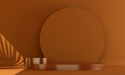 Product display podium with nature leaves on orange background. 3D rendering 