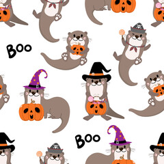 Cute otter wear halloween costume seamless pattern. Holidays cartoon character. Trick or treat wallpaper and background. -Vector