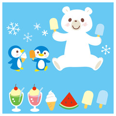 アイスを食べるシロクマとペンギンのイラスト
