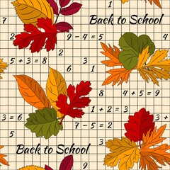 Seamless pattern with autumn leaves on notebook grid with numbers and frase Back to school. Warm autumn colors. Vector.