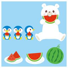 スイカを食べるシロクマとペンギンのイラスト