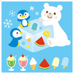 シロクマとペンギンと氷のイラスト