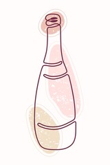 Single line drawing of bottle on textured color spots. Vector hand drawn line art style. Textured background.