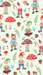 Foto op Aluminium Simple light childish pattern with gnomes, natural and doodle decorations. Texture with leprechauns, foliage, mushrooms and berries on white background. Hand drawn fairy backdrop for wallpapers © veleri_kz