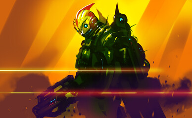 Digital illustration painting design style a future soldier in war, against killing fields. © thanawong