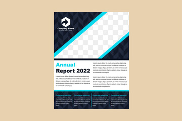 flyer design with dark blue background. space for photo collage and arrow pattern. cover, layout, brochure, magazine, catalog for annual report. arrow down template