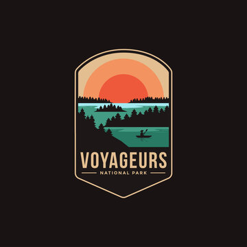 Emblem Sticker Patch Logo Illustration Of Voyageurs National Park On Dark Background, Lake And Canoe Vector Badge