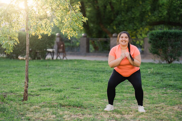 Fitness outdoors. Weight loss effort. Morning training. Body positive. Happy motivated smiling...