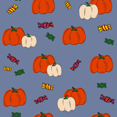 Cute grey vintage pattern with doodles candy, pumpkin, halloween. Seamless background. Textiles for children. Minimalism paper scrapbook for kids.