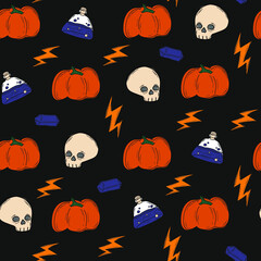 Cute black vintage pattern with doodles lightning, potion, pumpkin, skull, halloween, magic. Seamless background. Textiles for children. Minimalism paper scrapbook for kids.