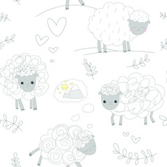 Naklejka premium Cute white pattern line doodle sheep, hearts, mountains. Seamless background. Textiles for children. Minimalism paper scrapbook for kids.