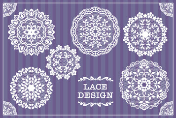 アンティークな丸型レース、ドイリーの素材セット。ベクター素材。