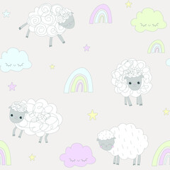 Cute pastel brown pattern line doodle sheep, rainbows, clouds baby, stars. Seamless background. Textiles for children. Minimalism paper scrapbook for kids.