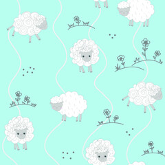 Cute pastel blue pattern flowers line doodle sheeps. Seamless background. Textiles for children. Minimalism paper scrapbook for kids. 