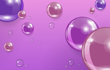 Violet texture composition with multicolored glass shiny balls, water drops
