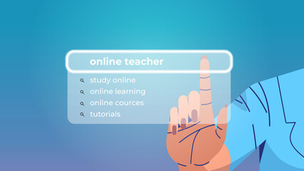 human hand choosing online teacher in search bar on virtual screen internet networking concept