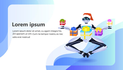 modern robot holding wrapped gift boxes birthday or holiday celebration artificial intelligence concept