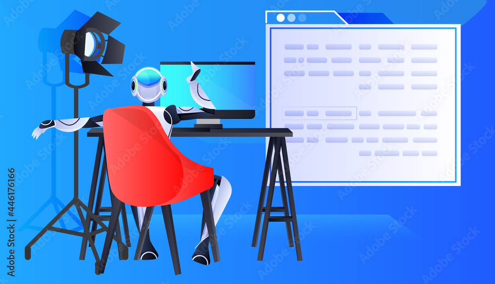 Poster robot chatbot assistant sitting at workplace and working on computer online communication artificial
