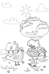 Cute rooster and chicken farm animals coloring book educational illustration for children, rural landscape colouring page. Vector black white outline cartoon characters