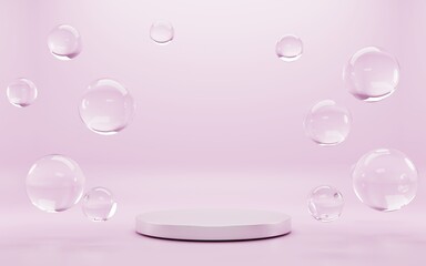 Podium with soap bubbles on pink background. Empty round stage or pedestal for award ceremony with clear water drops, abstract frame with place for ad product presentation. Realistic 3d illustration