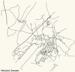 Black simple detailed street roads map on vintage beige background of the quarter Weixdorf locality of Dresden, Germany