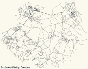 Obraz premium Black simple detailed street roads map on vintage beige background of the quarter Schönfeld-Weißig locality of Dresden, Germany