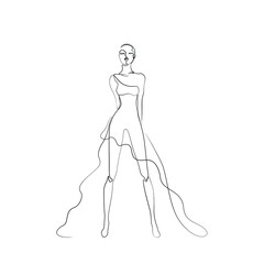 Beautiful fashion woman abstract silhouette, continuous line drawing, girl in long dress, single line on a white background, isolated vector illustration. Tattoo, print and logo design, beauty salon.