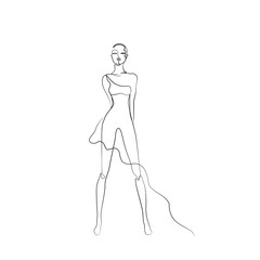 Beautiful fashion woman abstract silhouette, continuous line drawing, girl in long dress, single line on a white background, isolated vector illustration. Tattoo, print and logo design, beauty salon.