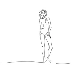 Beautiful fashion woman abstract silhouette, continuous line drawing, girl in long dress, single line on a white background, isolated vector illustration. Tattoo, print and logo design, beauty salon.