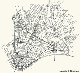 Black simple detailed street roads map on vintage beige background of the quarter Neustadt district of Dresden, Germany