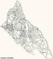 Black simple detailed street roads map on vintage beige background of the quarter Leuben district of Dresden, Germany