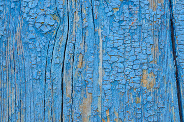 Wooden textured background with cracks and peeling blue paint.