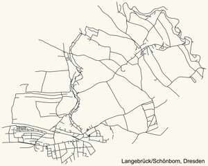 Black simple detailed street roads map on vintage beige background of the neighbourhood Langebrück/Schönborn quarter of Dresden, Germany