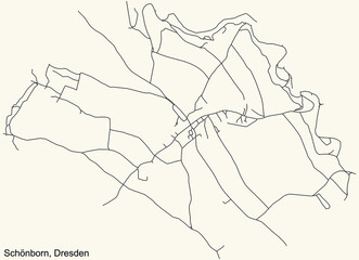 Black simple detailed street roads map on vintage beige background of the neighbourhood Schönborn quarter of Dresden, Germany