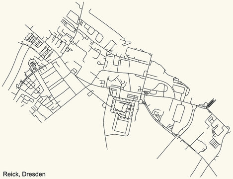 Black simple detailed street roads map on vintage beige background of the neighbourhood Reick quarter of Dresden, Germany