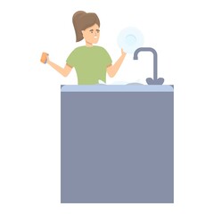 Sister dish wash icon cartoon vector. Kitchen housework. Housewife person