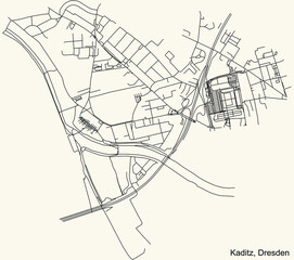 Black simple detailed street roads map on vintage beige background of the neighbourhood Kaditz quarter of Dresden, Germany