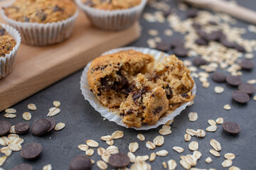 sweet home made whole grain muffins with chocolate chips
