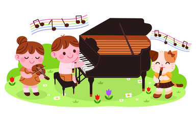 Children are having a music concert in the forest. Vector illustration of kids playing piano, recorder and violin.