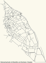 Black simple detailed street roads map on vintage beige background of the neighbourhood Kleinzschachwitz mit Meußlitz und Zschieren quarter of Dresden, Germany