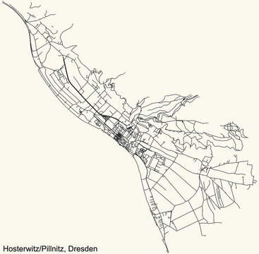 Black simple detailed street roads map on vintage beige background of the neighbourhood Hosterwitz/Pillnitz mit Niederpoyritz, Oberpoyritz und S&ouml;brigen quarter of Dresden, Germany