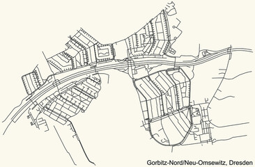 Black simple detailed street roads map on vintage beige background of the neighbourhood Gorbitz-Nord/Neuomsewitz quarter of Dresden, Germany