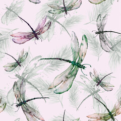 Watercolor Vintage seamless pattern.With a picture - a branch of spruce,dragonfly, Pine, fir-tree and cedar. pattern of pine branches. Use for various designs, materials, packaging, paper,shawl 