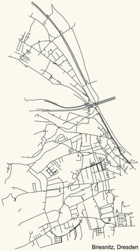 Black simple detailed street roads map on vintage beige background of the neighbourhood Briesnitz mit Stetzsch, Kemnitz, Leutewitz und Altomsewitz quarter of Dresden, Germany