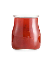 Jar of chili sauce on white background
