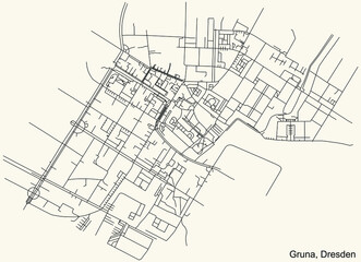Black simple detailed street roads map on vintage beige background of the neighbourhood Gruna mit Strehlen-Nordost quarter of Dresden, Germany