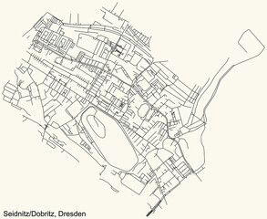 Black simple detailed street roads map on vintage beige background of the neighbourhood Seidnitz/Dobritz quarter of Dresden, Germany