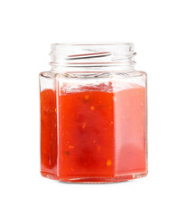 Jar of chili sauce on white background
