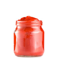 Jar of chili sauce on white background